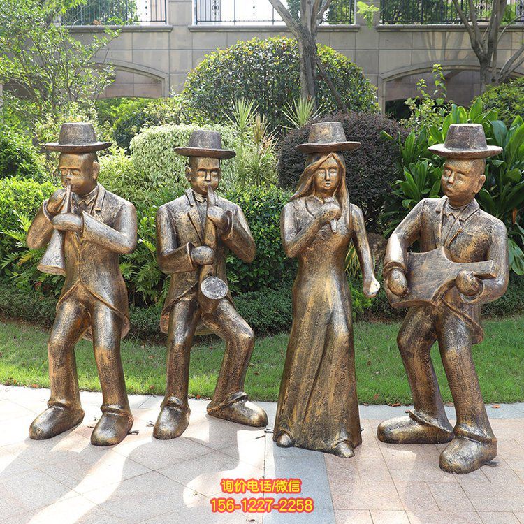 吹拉彈唱，玻璃鋼仿銅音樂(lè)主題人物雕塑