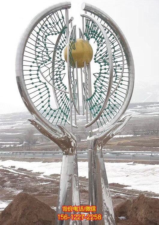 不銹鋼景觀標識，雙手托舉圓形造型景觀