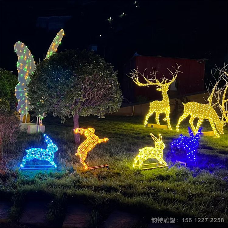 不銹鋼鏤空兔子雕塑定做，不銹鋼發(fā)光動(dòng)物雕塑大全